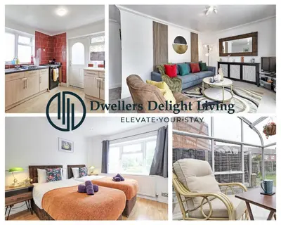 a collage of photos of a living room and a kitchen at Elegant 3 Bedroom House in Basildon - Essex Free Parking & Superfast Wifi, upto 6 Guests in Basildon