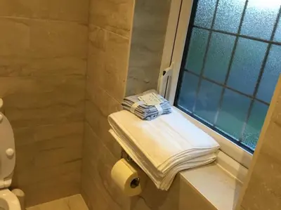 a bathroom with a toilet and a window and towels at Fabulous 4 Bed Home with Gym in Basildon