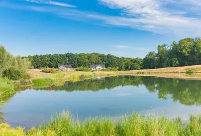 a pond in a field with houses in the background at Endymion Lodge in Chappel