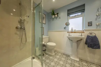 a bathroom with a shower and a toilet and a sink at Bumblebee Cottage in Barnham