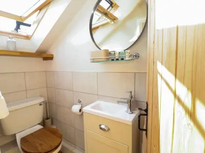 a bathroom with a toilet and a sink and a mirror at Admiral Cottage in Woodbridge