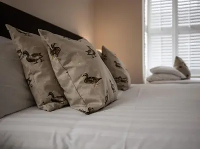 a bed with four pillows with birds on it at Bridge Hotel Brandon in Brandon