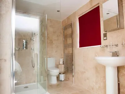 a bathroom with a toilet and a shower and a sink at Bridge Hotel Brandon in Brandon
