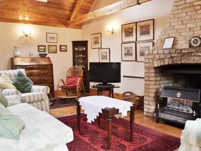 a living room with a fireplace and a tv at Netherall Manor Lodge in Soham