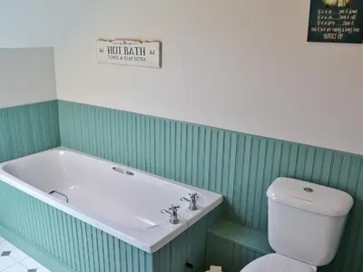 a green bathroom with a tub and a toilet at The Cottage in Great Ellingham