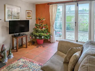 a living room with a christmas tree and a television at Stable End in Halesworth