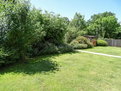 a garden with a large bush in a yard at Meadow View in Leiston