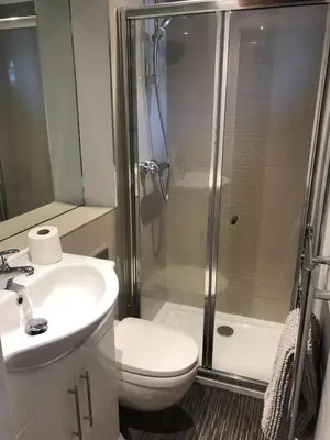a bathroom with a shower and a toilet and a sink at Luxury Apartment with king-size Bed in Central Cambridge - easy walk to Station and City Centre in Cambridge