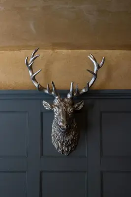 a deer head with antlers hanging on a wall at Kettleburgh Chequers in Kettleburgh