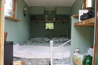 a bedroom with a bed in a room with green walls at The Falgate Shepherd's Hut in Caston