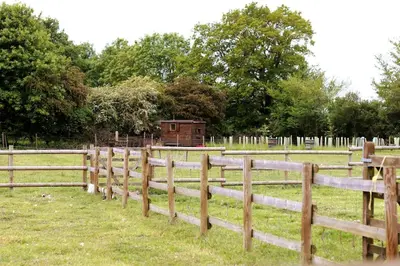 a fence with a smallshed in the middle of a field at The Falgate Shepherd's Hut in Caston