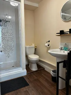 a bathroom with a shower and a toilet and a sink at Entire Apartment boutique king size bed near Town Centre in Colchester