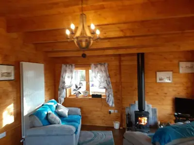 a living room with a couch and a fireplace at Bishy Barnabees country lodge with hot tub in Swaffham