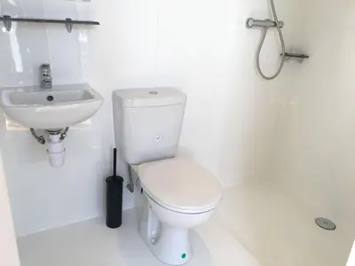 a white bathroom with a toilet and a sink at Green CargoPod at Lee Wick Farm Cottages & Glamping in Clacton-on-Sea