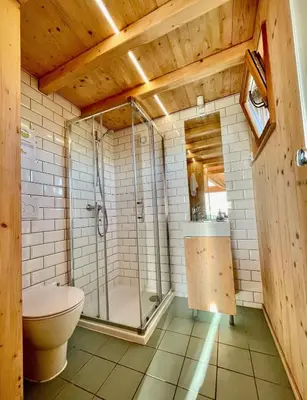 a bathroom with a shower and a toilet at Lushna 12 Lux at Lee Wick Farm Cottages & Glamping in Clacton-on-Sea