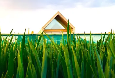 a house in the middle of a field of grass at Lushna 12 Lux at Lee Wick Farm Cottages & Glamping in Clacton-on-Sea