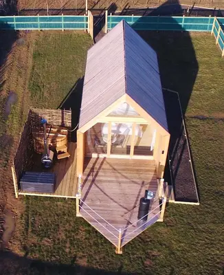 an overhead view of a house with a roof at Lushna 12 Lux at Lee Wick Farm Cottages & Glamping in Clacton-on-Sea