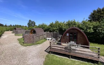 a wooden bench sitting in front of a small building at MegaPod 3 at Lee Wick Farm Cottages & Glamping in Clacton-on-Sea