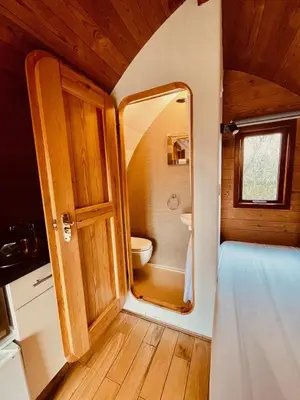 a small bathroom with a toilet and a mirror at MegaPod 3 at Lee Wick Farm Cottages & Glamping in Clacton-on-Sea