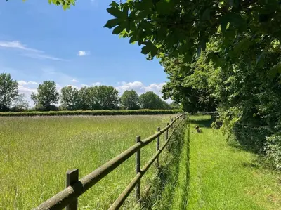 a fence in front of a field of grass at The Studio, Hoo in Woodbridge
