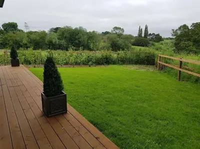 a small tree in a planter on a wooden deck at Landscape, New Eco Lodge Flatford Mill in East Bergholt