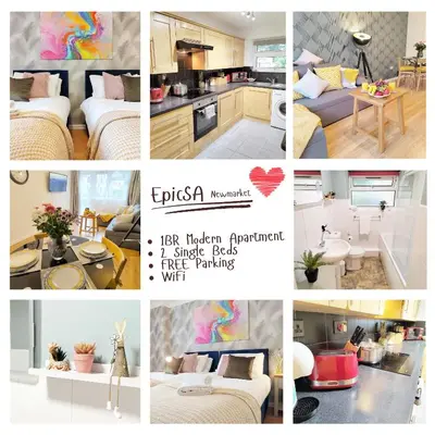 a collage of pictures of a kitchen and a living room at 2 Single Beds, 1 BR Apartment in Newmarket