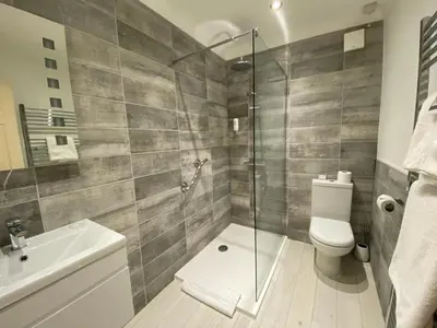 a bathroom with a shower and a toilet and a sink at Camelia Hotel in Southend-on-Sea