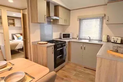 a small kitchen with a stove and a microwave at Rohannah Luxe Coastal Escape, Cooper Beach East Mersea in East Mersea