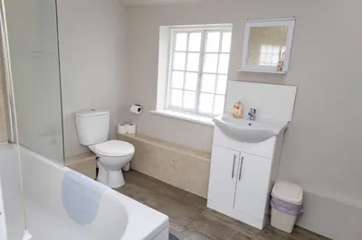 a white bathroom with a toilet and a sink at The Thatched Flat at The Sorrel Horse in Shottisham