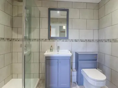 a bathroom with a toilet and a sink and a mirror at Pippin Cottage in Clacton-on-Sea