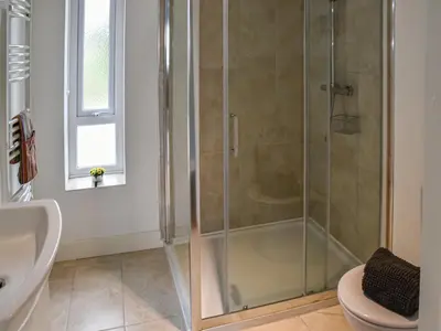 a bathroom with a shower with a toilet and a sink at Cedar Lodge in Old Buckenham