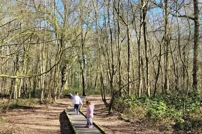 a man and a child walking on a forest trail at Entire 2 bed coach house in peaceful Norfolk village in Pulham