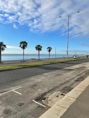 an empty street with palm trees on the beach at Seaside Luxury Retreat in Southend-on-Sea