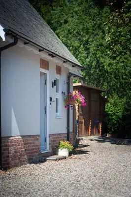 a white building with a flower pot and a door at Hedgehog Cottage in Bury Saint Edmunds