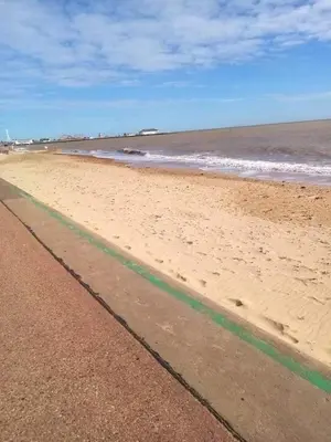 a sandy beach with the ocean in the background at The James Lodge in Little Clacton