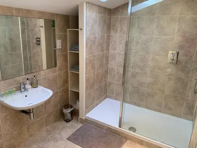 a bathroom with a shower and a sink at Field Cottage Bed and Breakfast in East Harling
