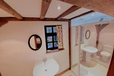 a bathroom with a sink and a toilet and a mirror at Beautiful cottage in Brentwood in Kelvedon Hatch