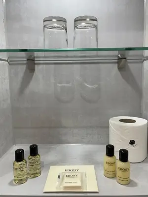 a shelf with three bottles of perfume and a roll of toilet paper at Centennial Hotel in Cambridge