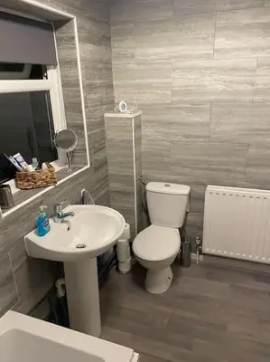 a bathroom with a toilet and a sink at Cosy 1 Bed Home @Stevenage in Shephall