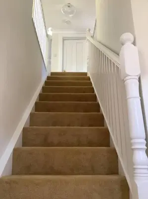 a staircase with white railings and brown carpeted stairs at Peaceful house ideal for dogs lovely location in Aldeburgh