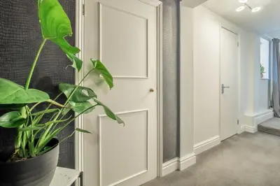 a potted plant sitting on a table in a hallway at Crown Street 4 in Bury Saint Edmunds