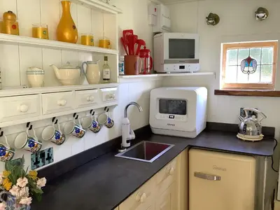 a kitchen with a sink and a microwave at Muffins Meadow Shepherds Hut in Tillingham