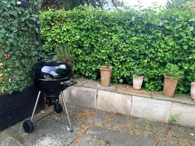a grill sitting on a stand next to some plants at Beautiful Apartment Wendens Ambo in Wendens Ambo