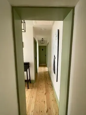 a hallway with green walls and a wooden floor at Hidden gem in heart of Breckland in Watton