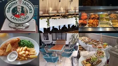 a collage of photos of a restaurant with food at The George Hotel in Chatteris