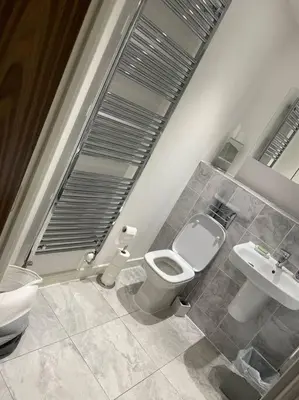 a bathroom with a toilet and a sink at Spacious Apartment in the Heart of Chelmsford in Chelmsford