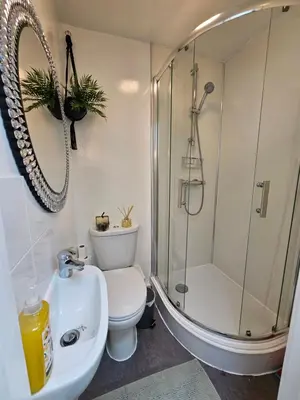 a bathroom with a shower and a toilet and a sink at Luxury Studio Stevenage in Stevenage