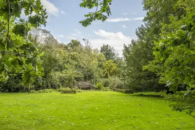 a field of grass with trees in the background at Weavers Mark Cottage in Diss