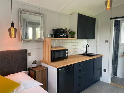 a small kitchen with a sink and a microwave at Beautiful shepherd’s hut in Newmarket