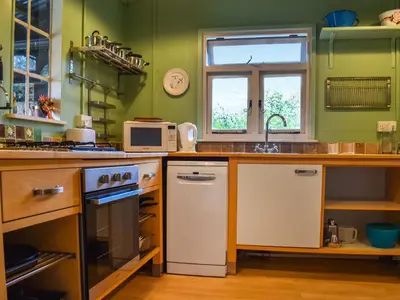 a kitchen with green walls and a counter top at Owls Nest in Stradbroke